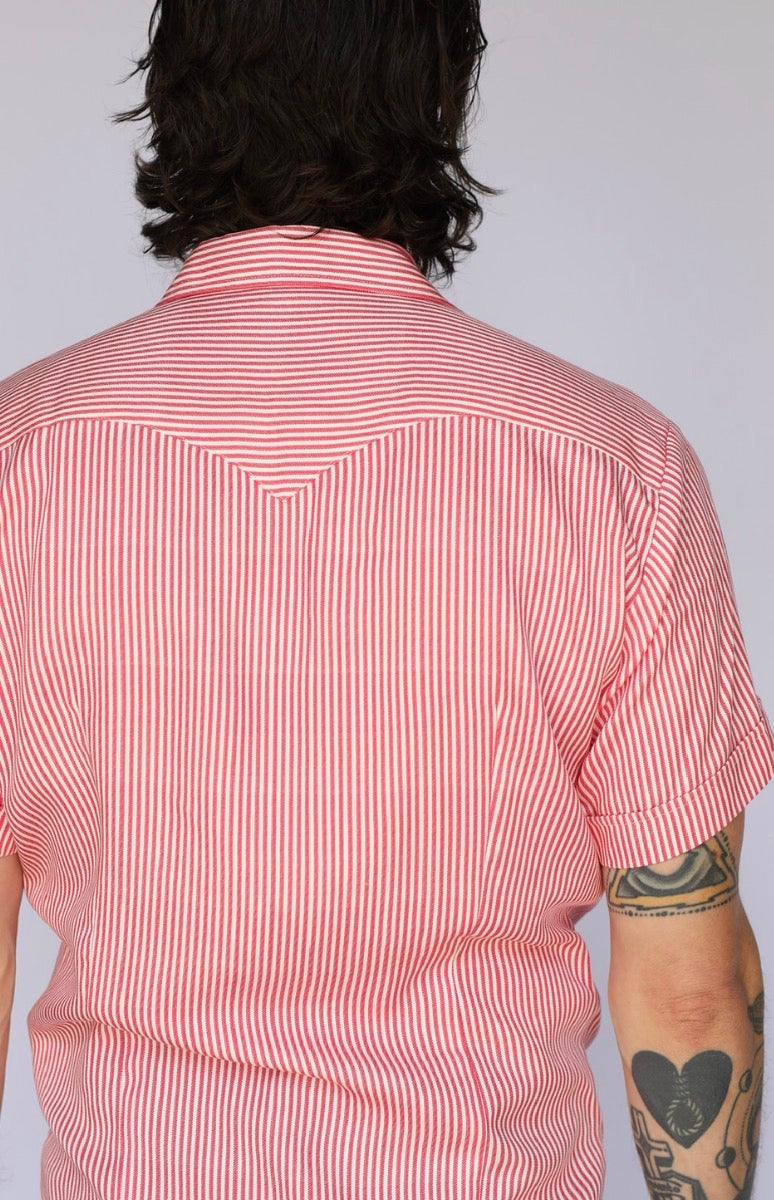 A man viewed from behind wearing a short-sleeve button-down shirt with thin vertical red and white stripes.