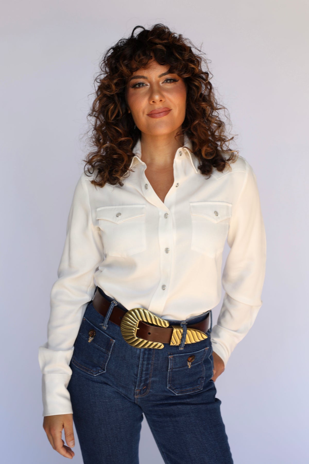 Full front view of the H Bar C Denver white women's western shirt with snap cuffs, vintage western wear.