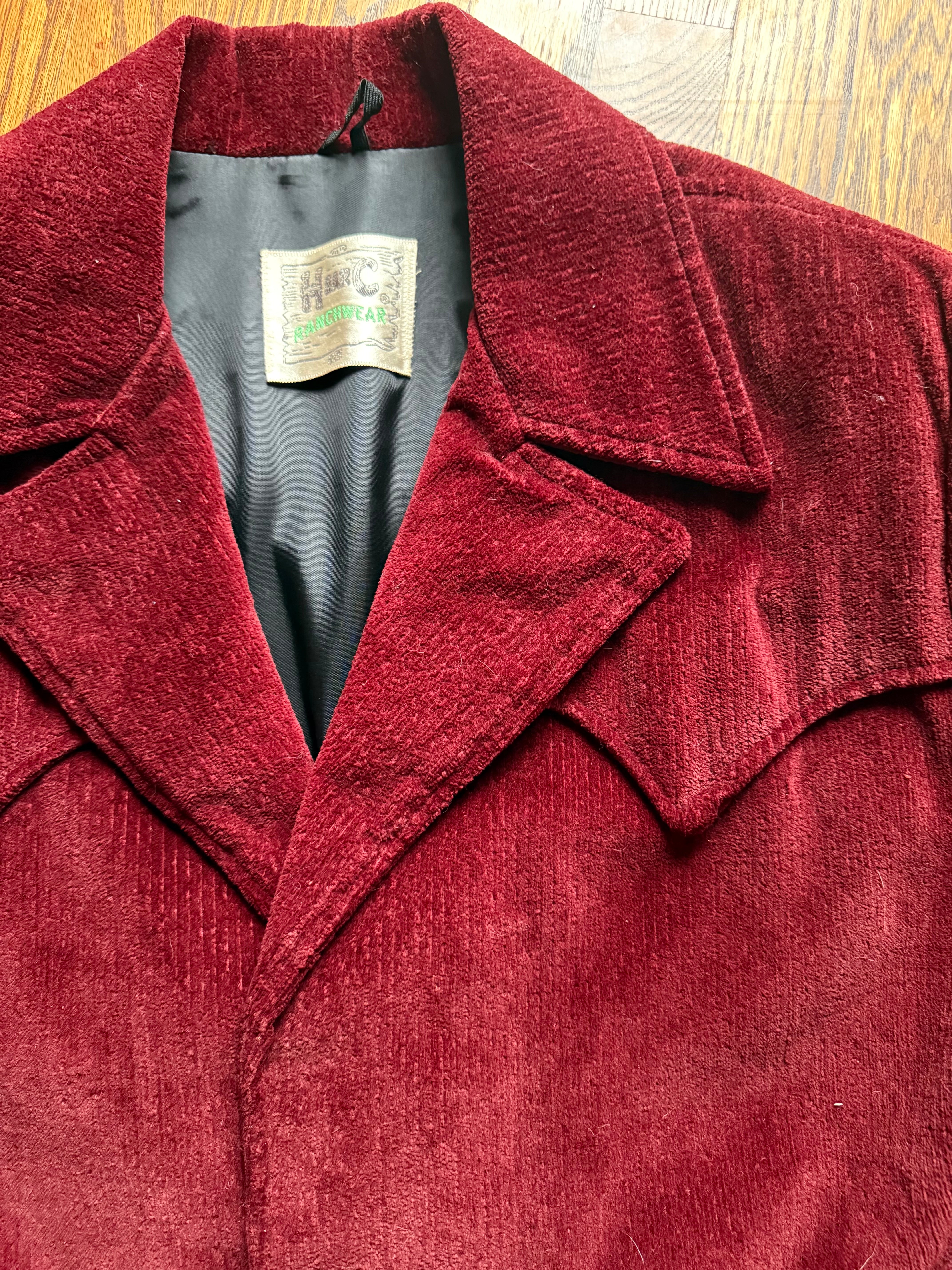 1960'S BURGUNDY VELVET CORDUROY RANCH COAT XL