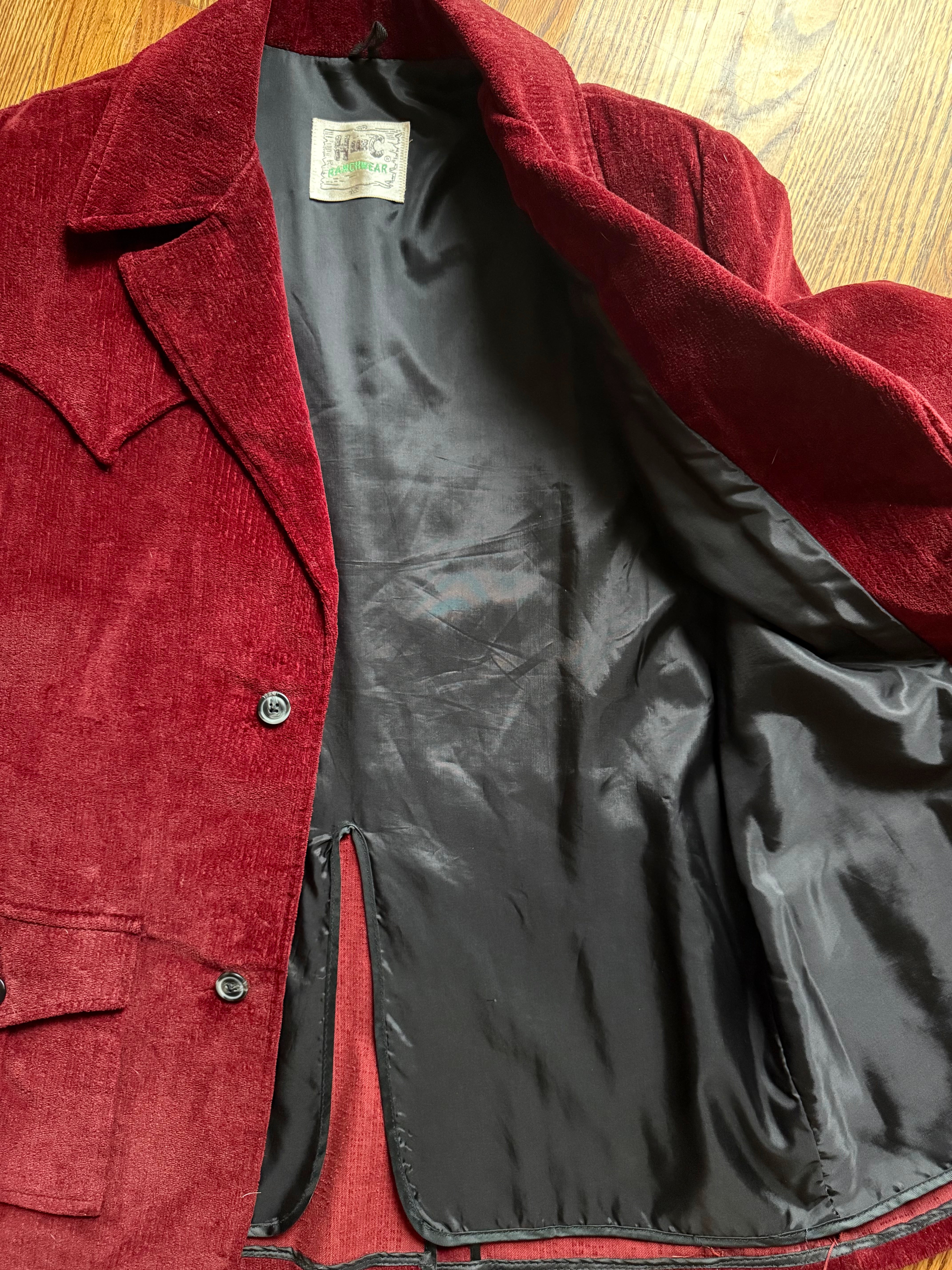 1960'S BURGUNDY VELVET CORDUROY RANCH COAT XL