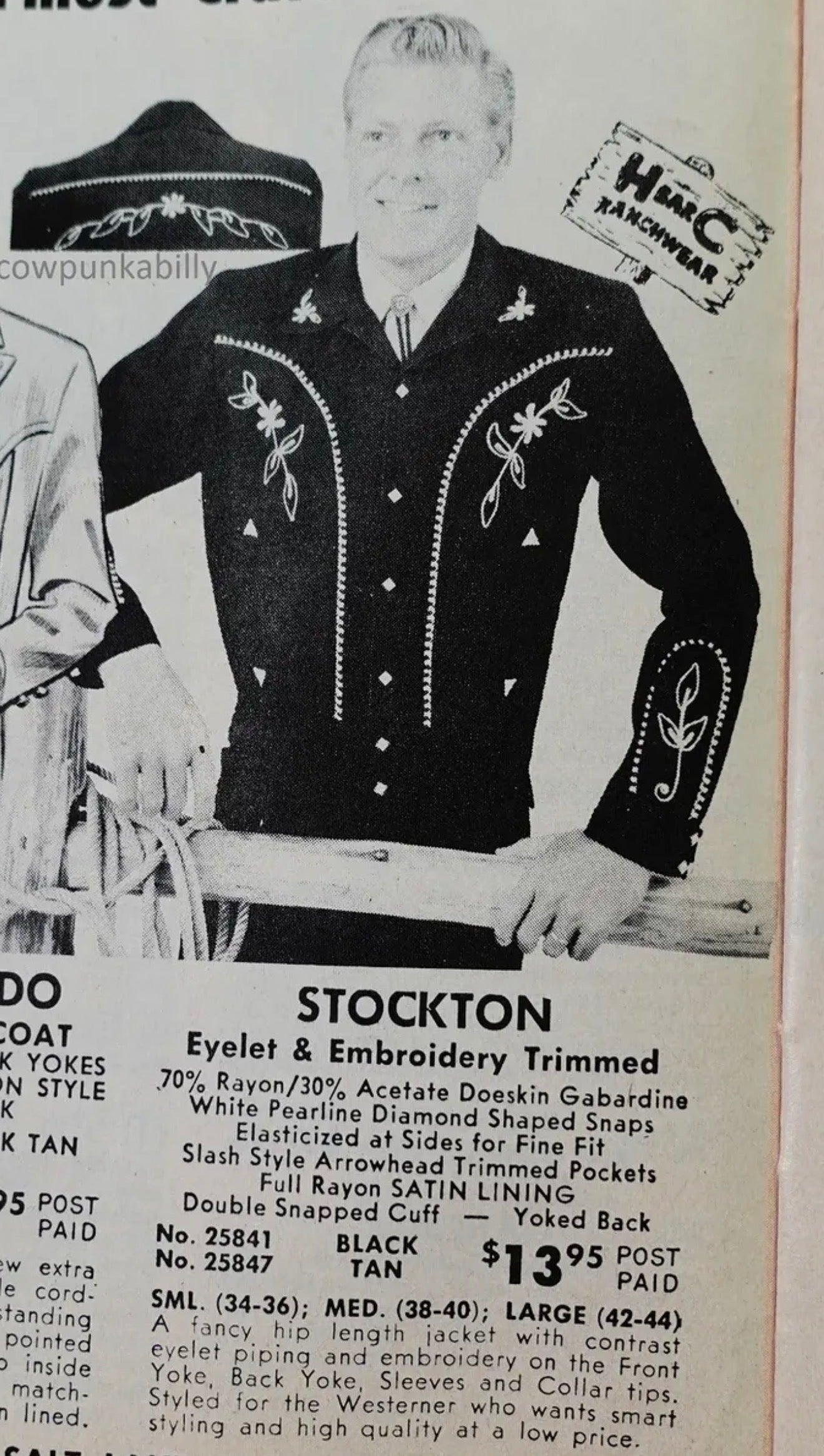 A vintage black-and-white catalog page showing a man wearing a Stockton eyepatch and embroidery trimmed jacket, with product text and pricing below.