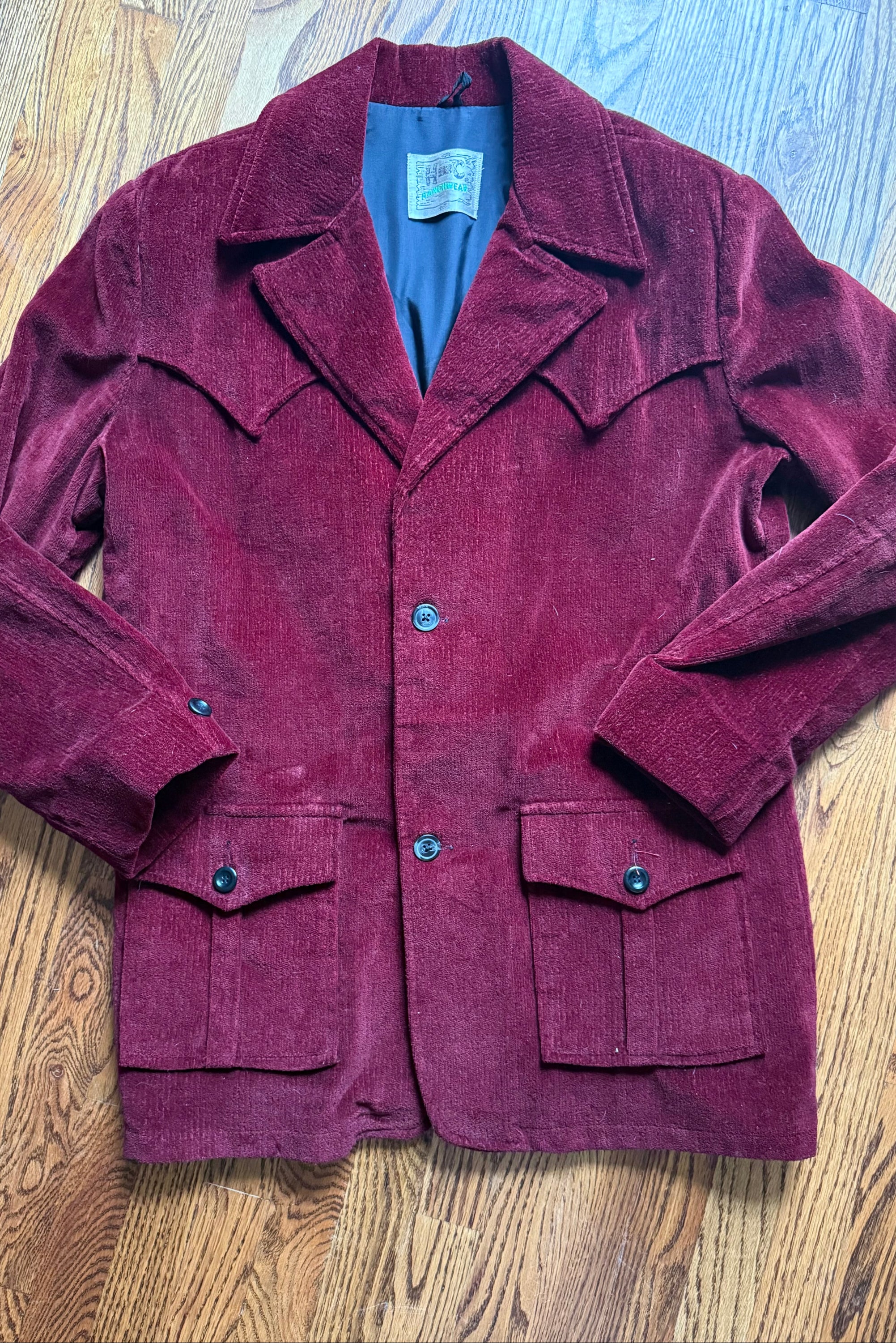 1960'S BURGUNDY VELVET CORDUROY RANCH COAT XL
