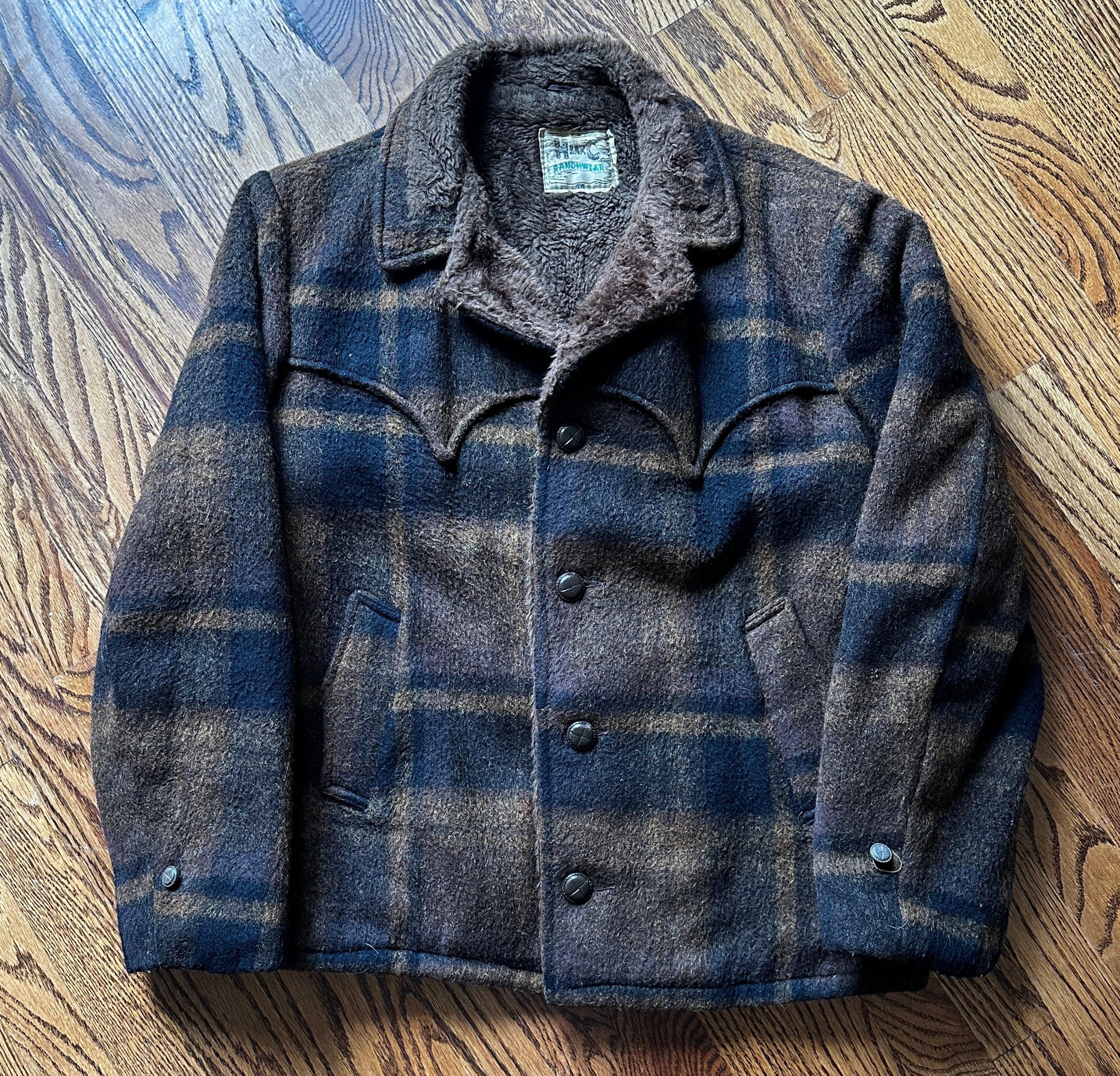 1950/60's BROWN PLAID SHERPA LINED RANCH COAT - MEDIUM