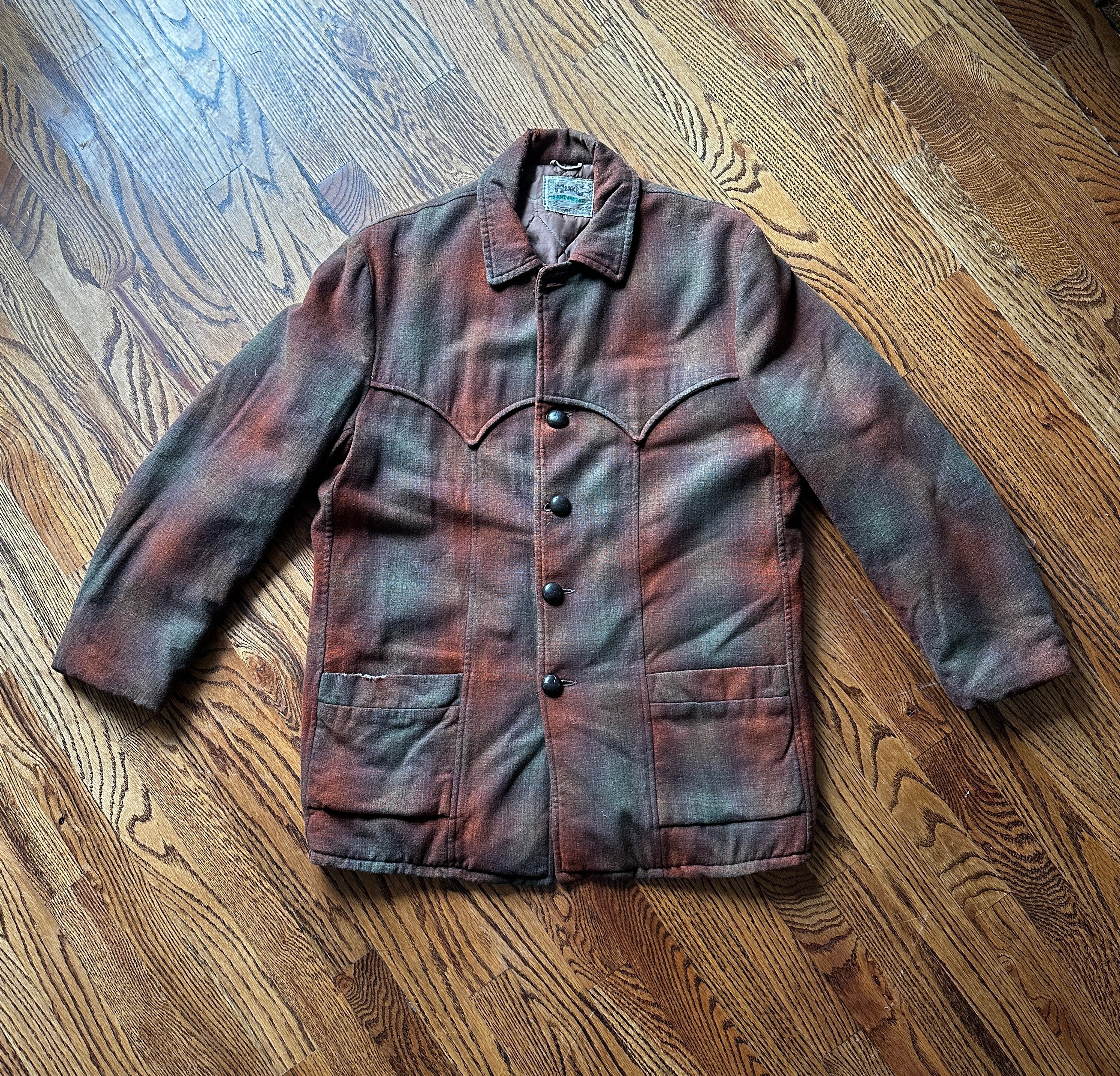 1960'S BROWN GREEN WOOL RANCH COAT LARGE