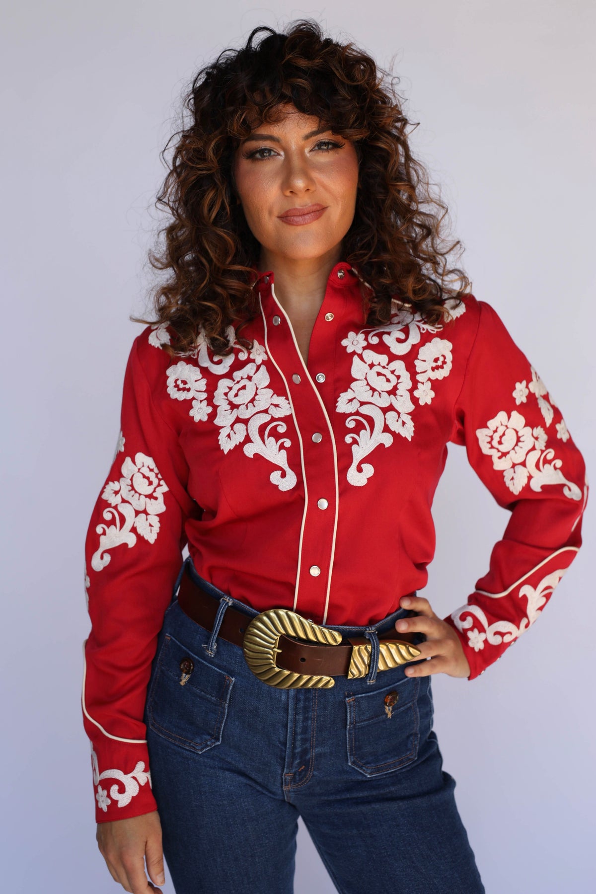 Front view of the H Bar C Fort Worth women's red twill shirt with snap front and piped cuffs, vintage inspired western wear.