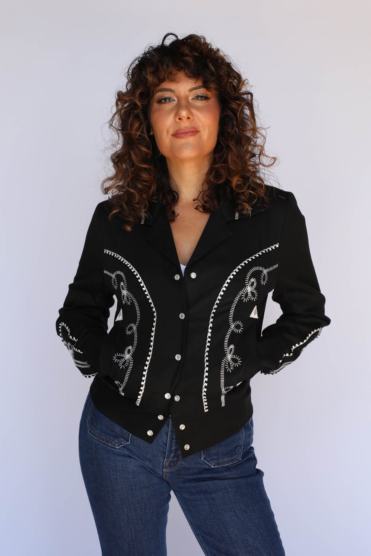 H Bar C Bolero women's black western jacket with white piping, front view, vintage inspired western wear.