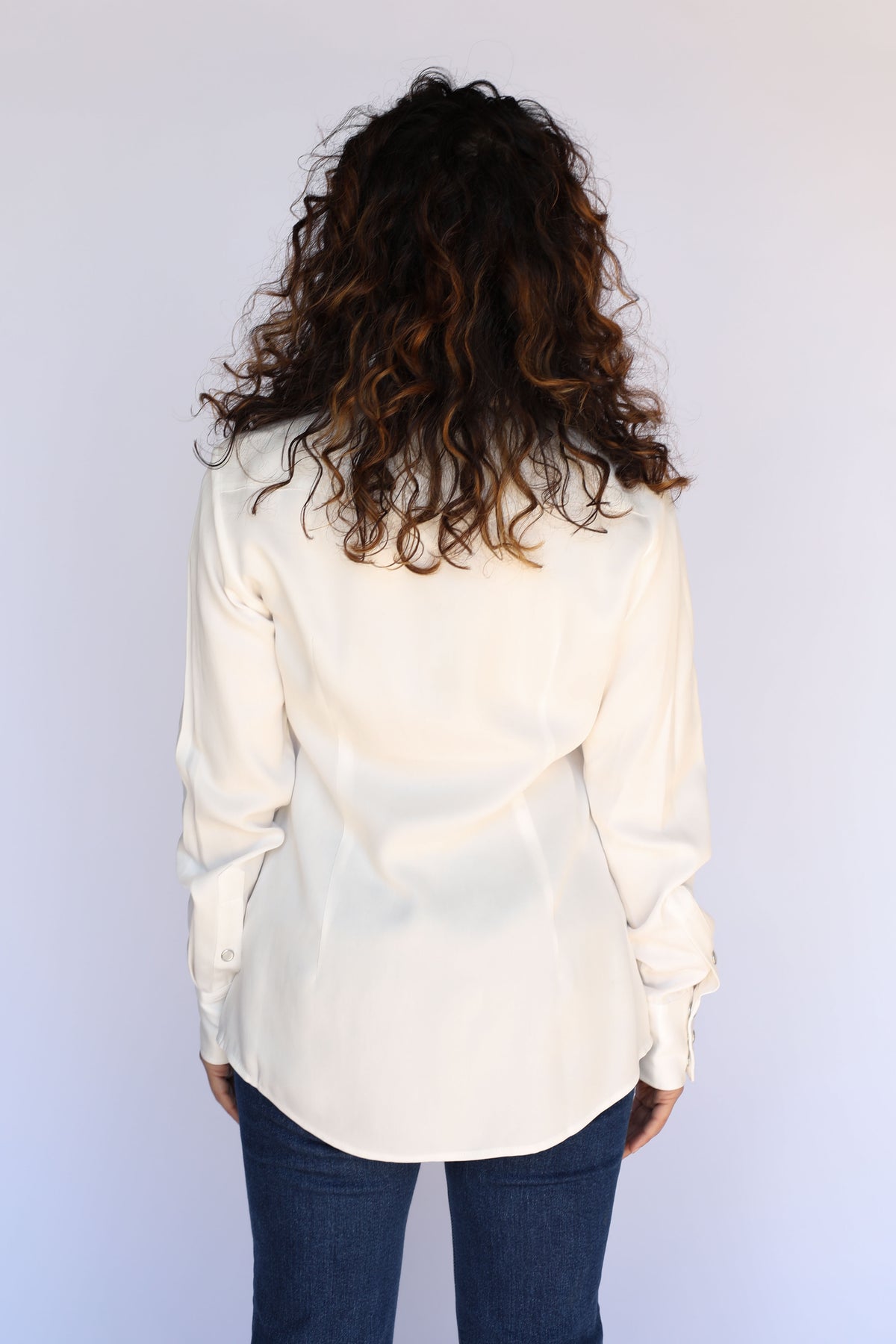 Back view of the H Bar C Denver women's white western shirt with western back yoke, vintage western wear.
