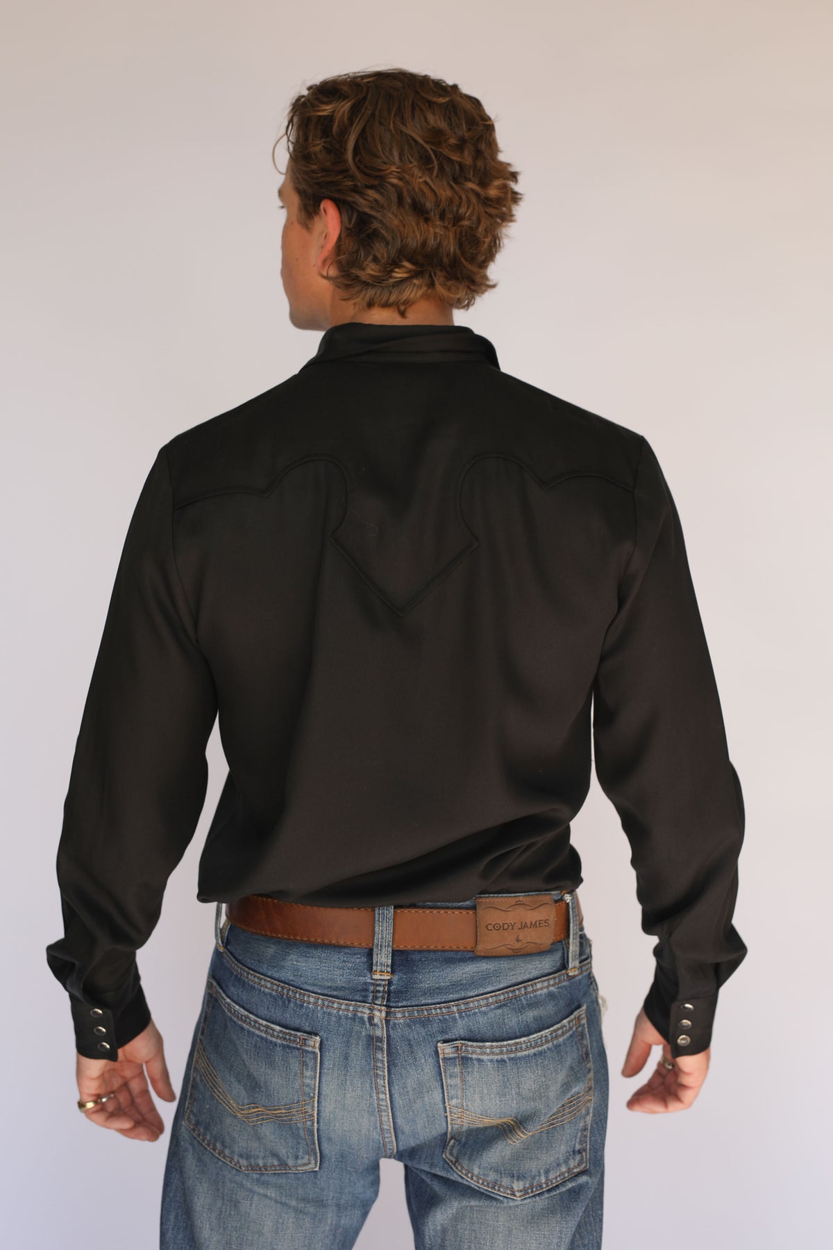 Back view of the H Bar C El Segundo black western shirt showing the back yoke.
