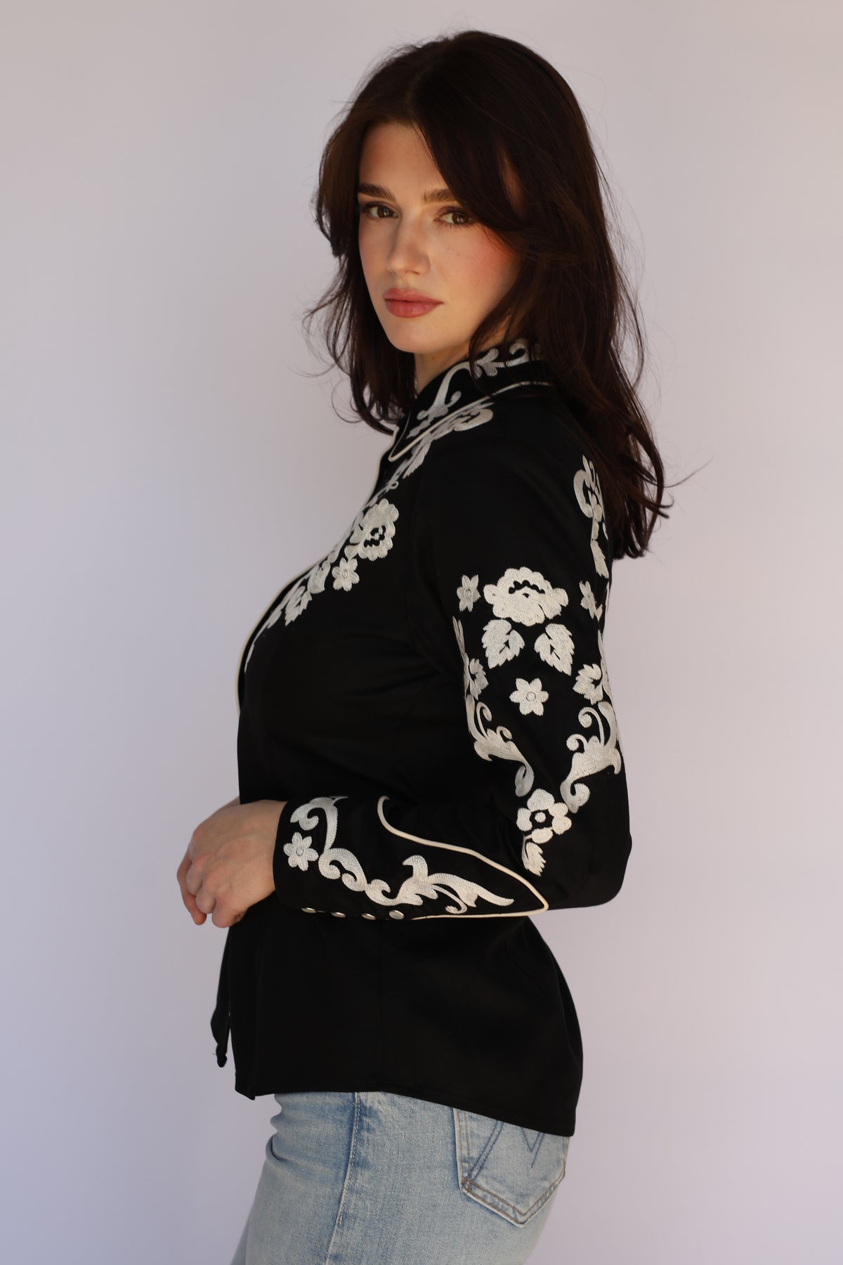H Bar C Fort Worth black western shirt with embroidered collar, piped placket, and pearl snaps, vintage western wear for women.