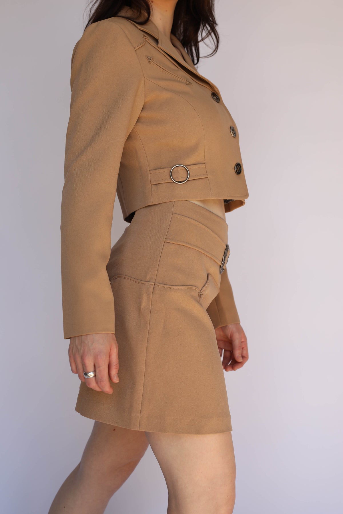 H Bar C Raleigh women's tan suit with cropped western jacket and belted skirt, vintage inspired western wear.