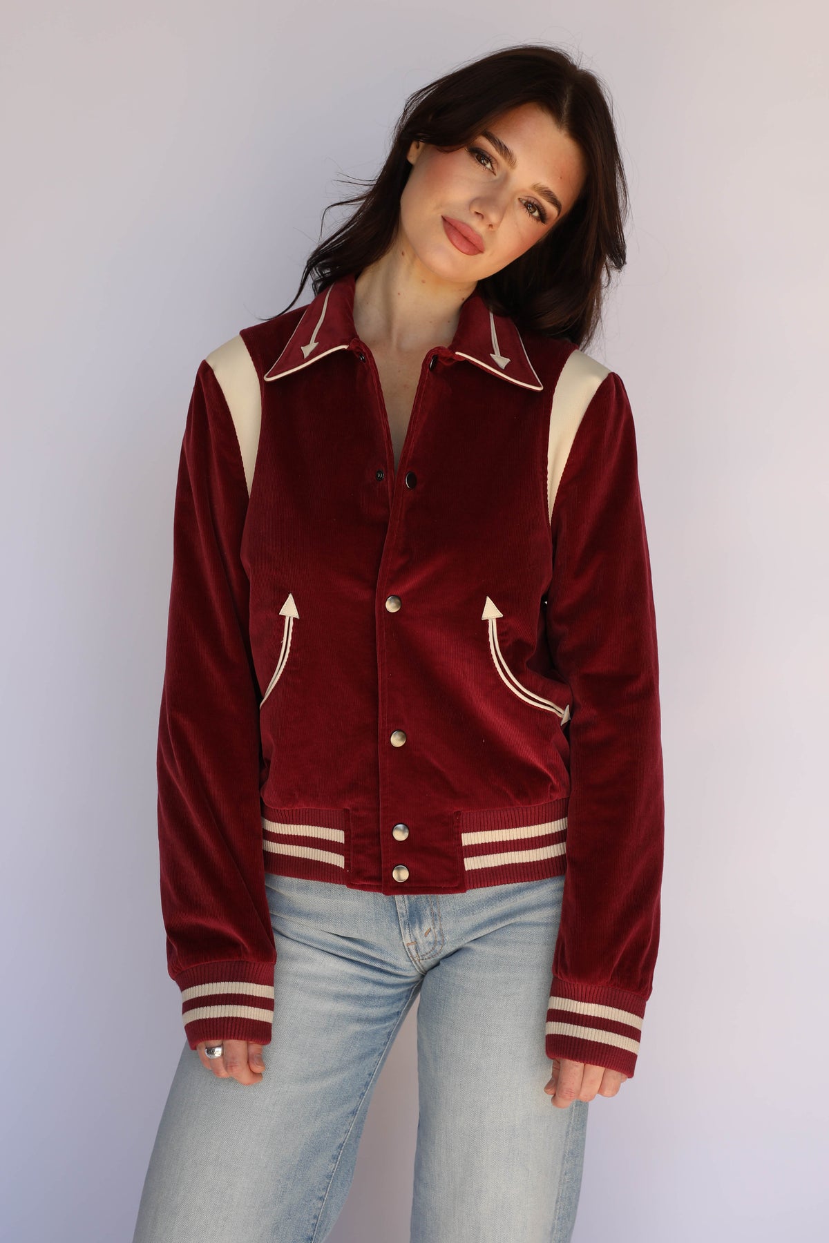 Woman wearing the Silver Lake Corduroy Unisex Jacket in maroon
