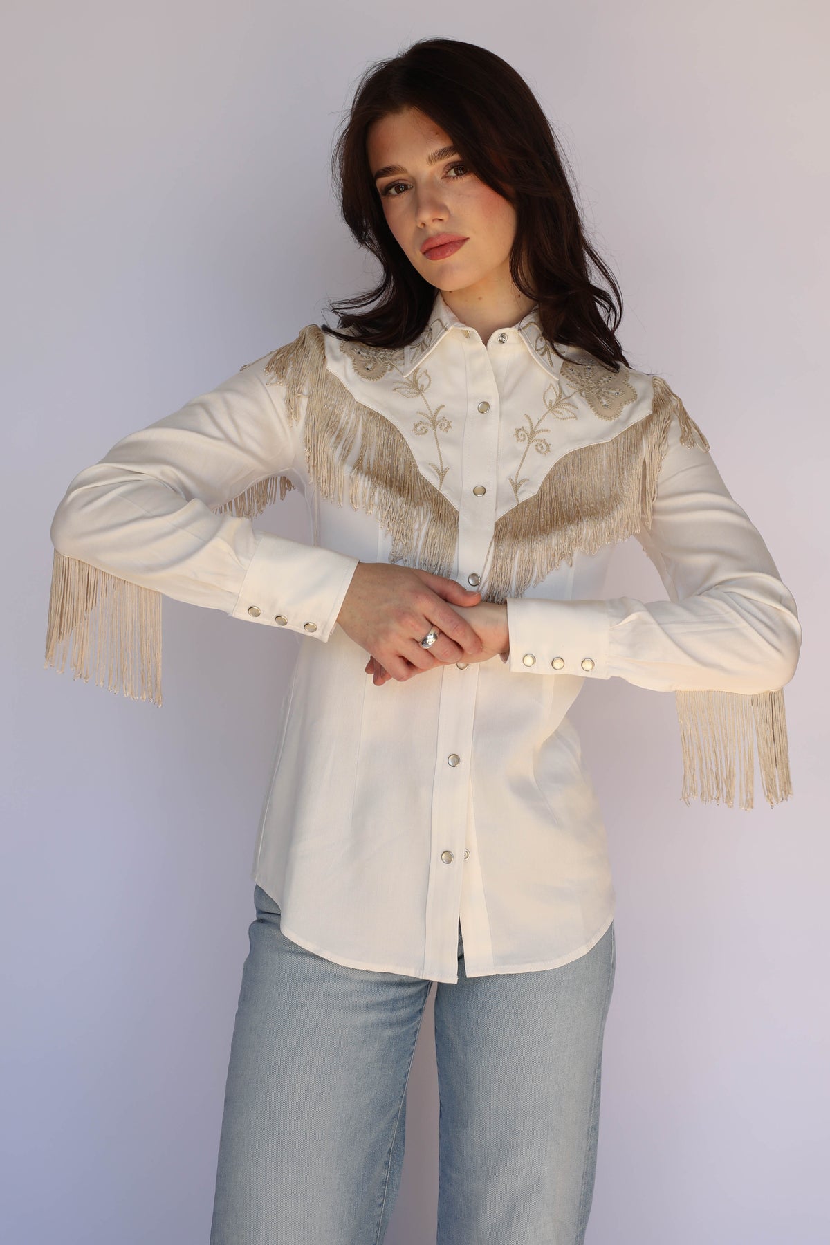 H Bar C Taos women's white fringe western shirt worn with light jeans, vintage western wear.