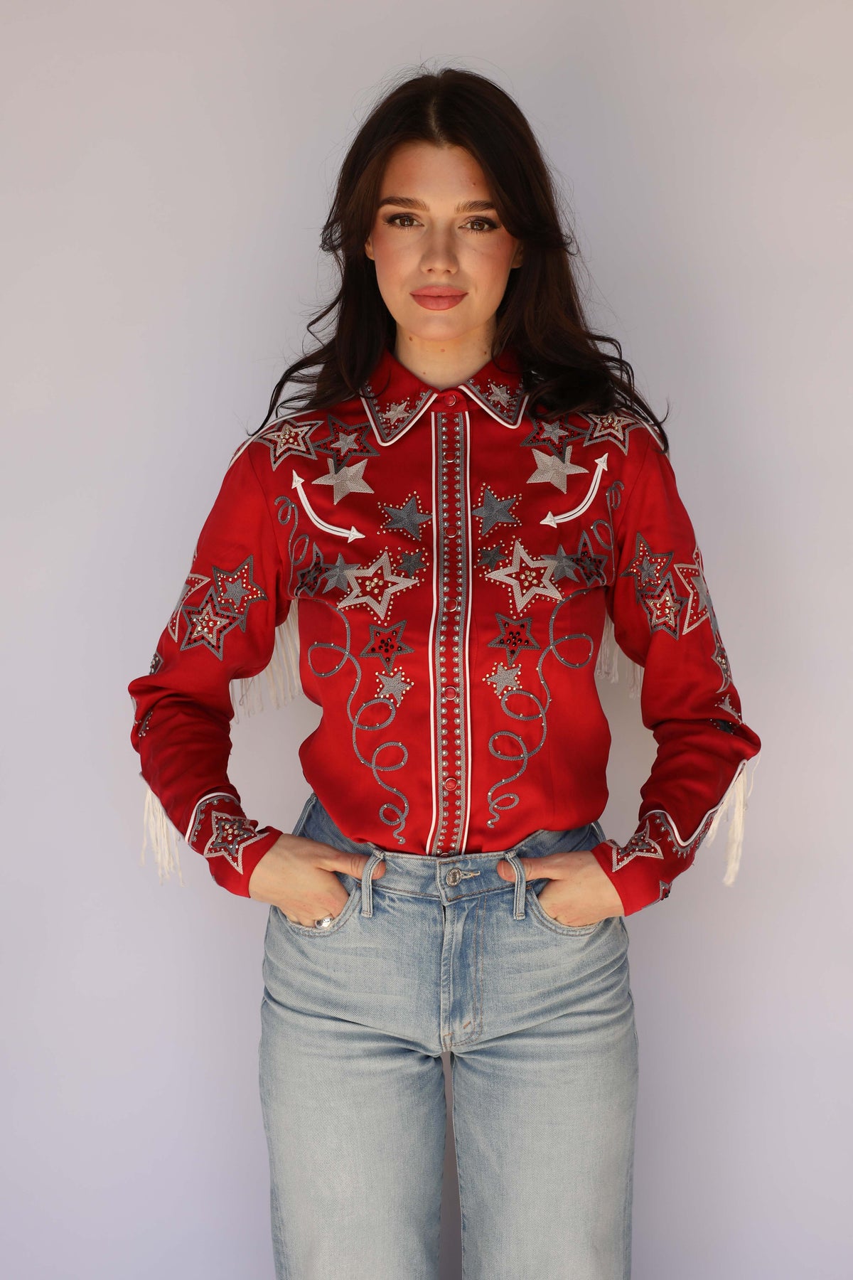 H Bar C Las Vegas women's red shirt with rhinestone stars, lasso embroidery, and cream fringe, vintage inspired western wear.