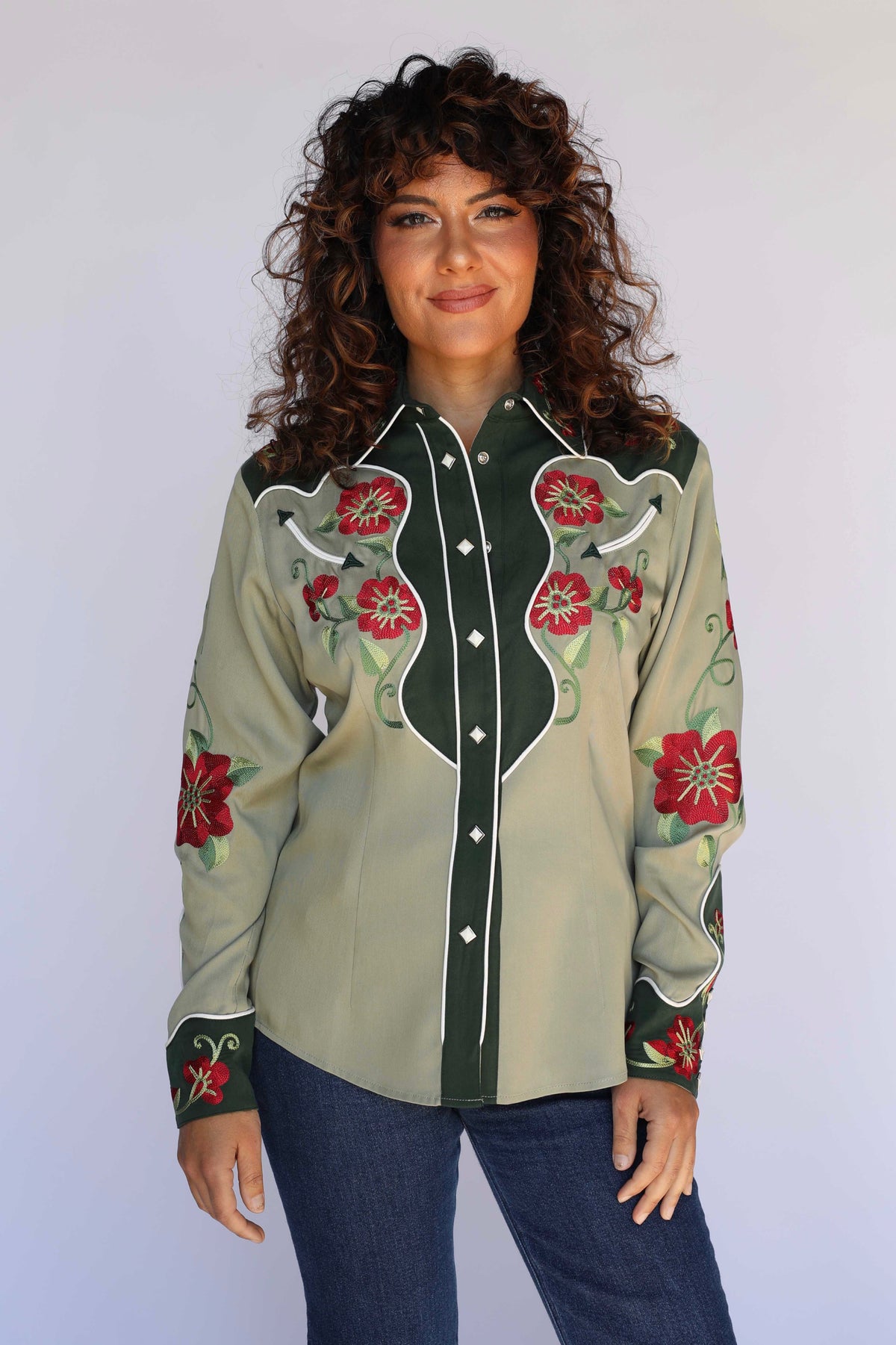 Front view of the H Bar C Santa Ana sage and forest green two-tone western shirt for women, vintage western wear with red floral chain stitch.