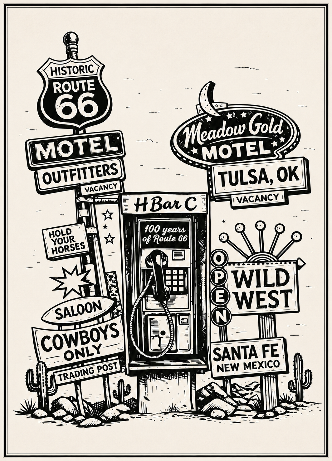 A black and white retro-style illustration of a Route 66 motel scene with multiple signs, including 'Motel Outfitters,' 'Meadow Gold Motel,' 'Wild West,' and 'Santa Fe New Mexico,' plus a payphone, cacti, rocks, and desert elements on an off-white background.
