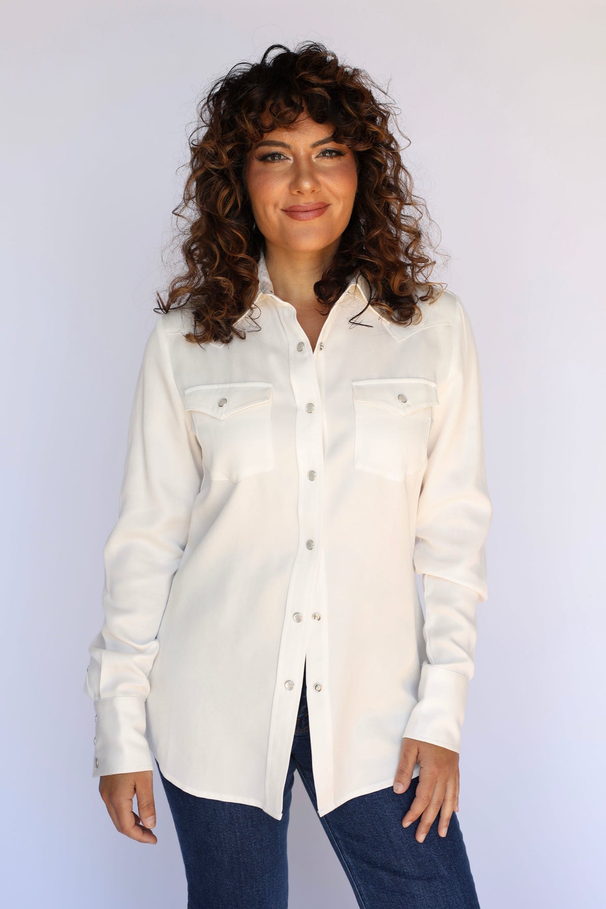 H Bar C Denver women's shirt in white, a classic western snap shirt styled with jeans and a western belt.