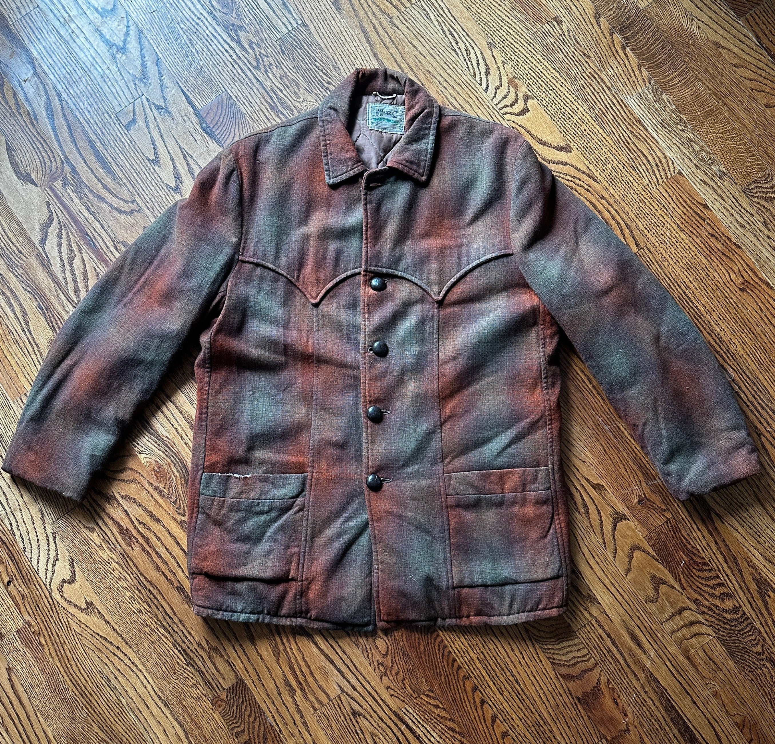 1960'S BROWN GREEN WOOL RANCH COAT LARGE