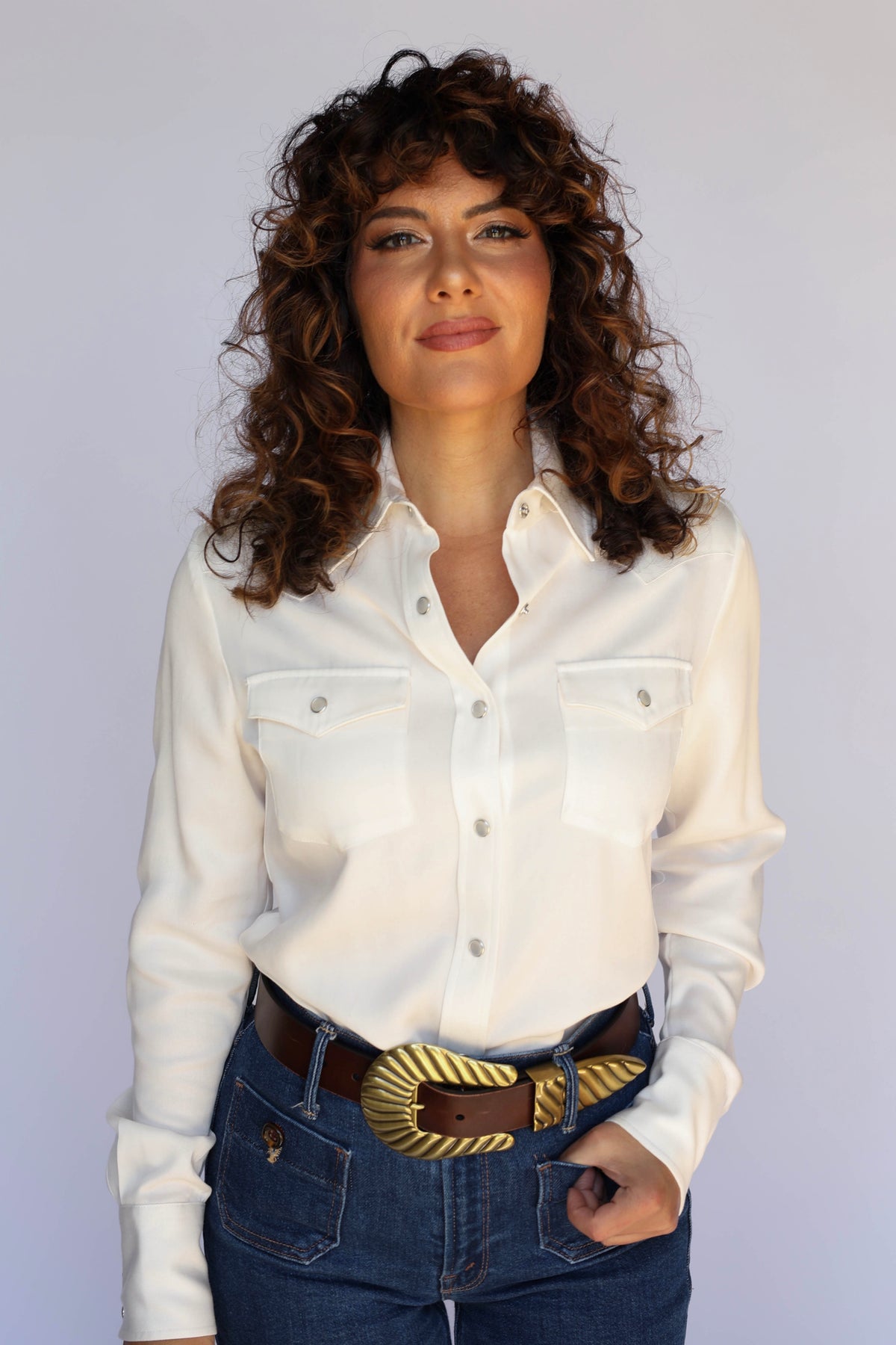 H Bar C Denver women's white snap front western shirt worn with high-waist jeans, vintage western wear basics.