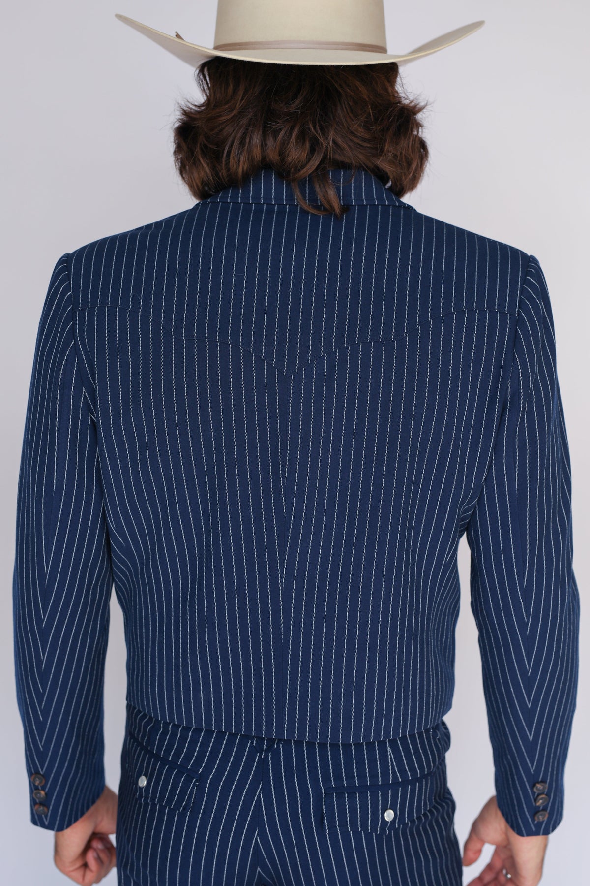 A man viewed from behind wearing a navy blue pinstripe suit and a light beige cowboy hat against a plain light gray background.