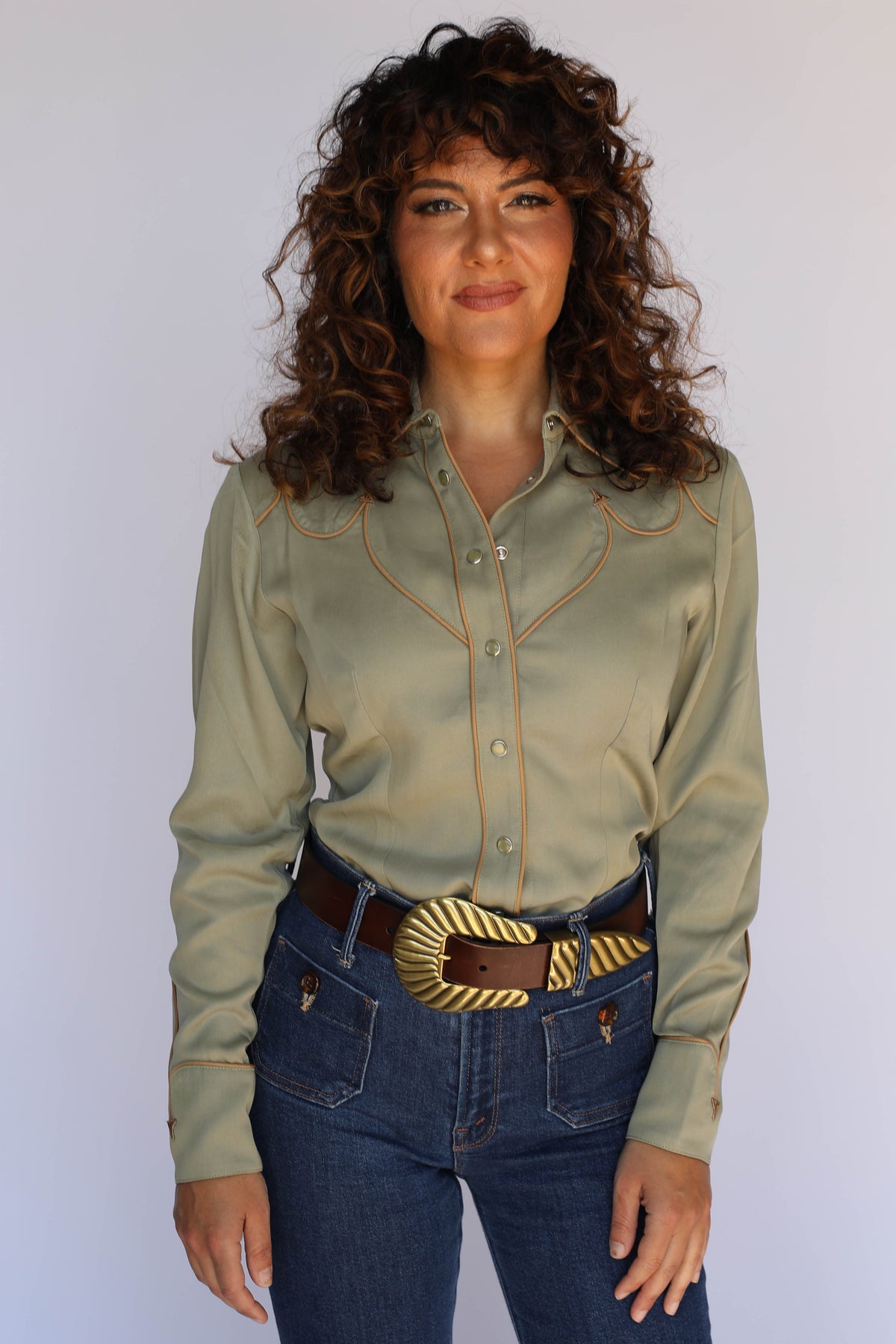 Front view of the H Bar C Lake Tahoe green women's western snap shirt, vintage western wear.