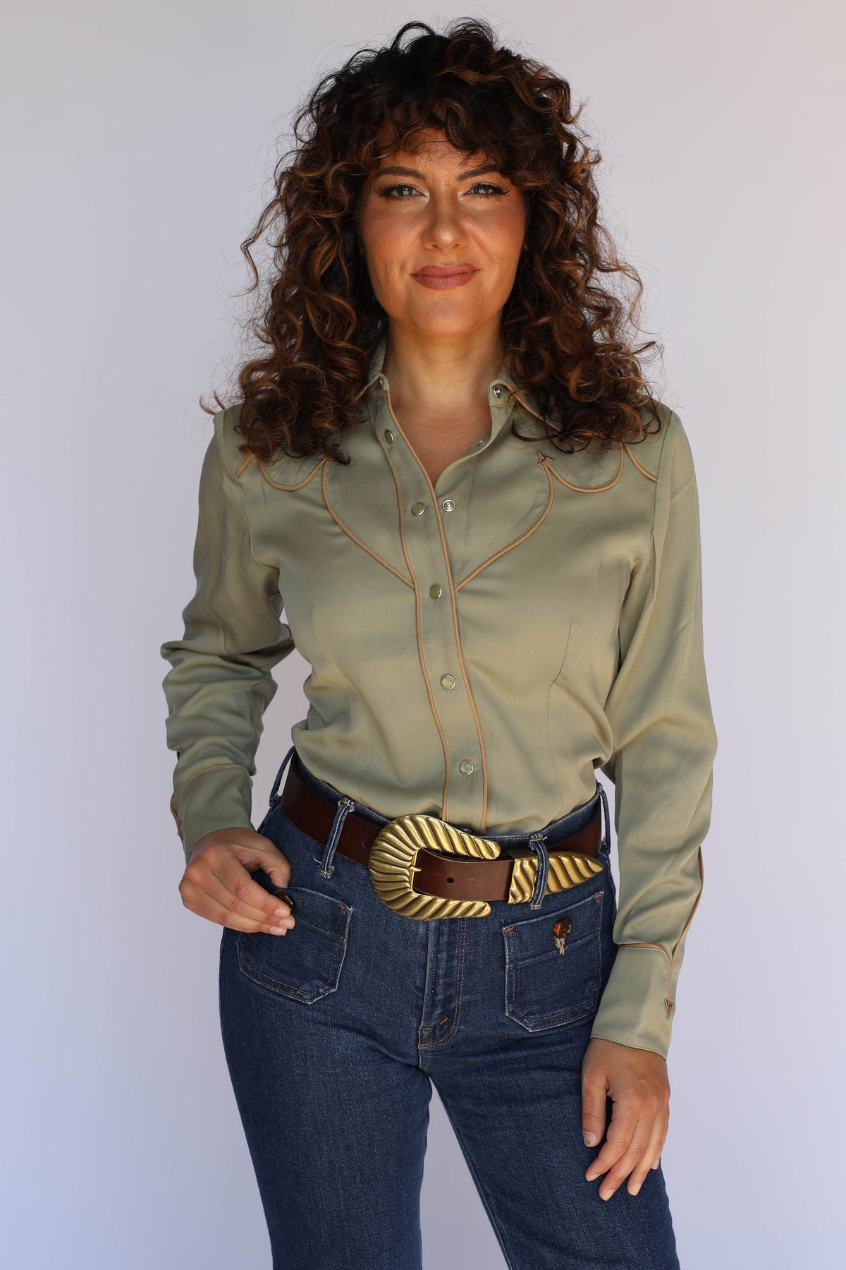 H Bar C Lake Tahoe women's shirt in olive green styled with high-waist jeans, vintage inspired western wear.