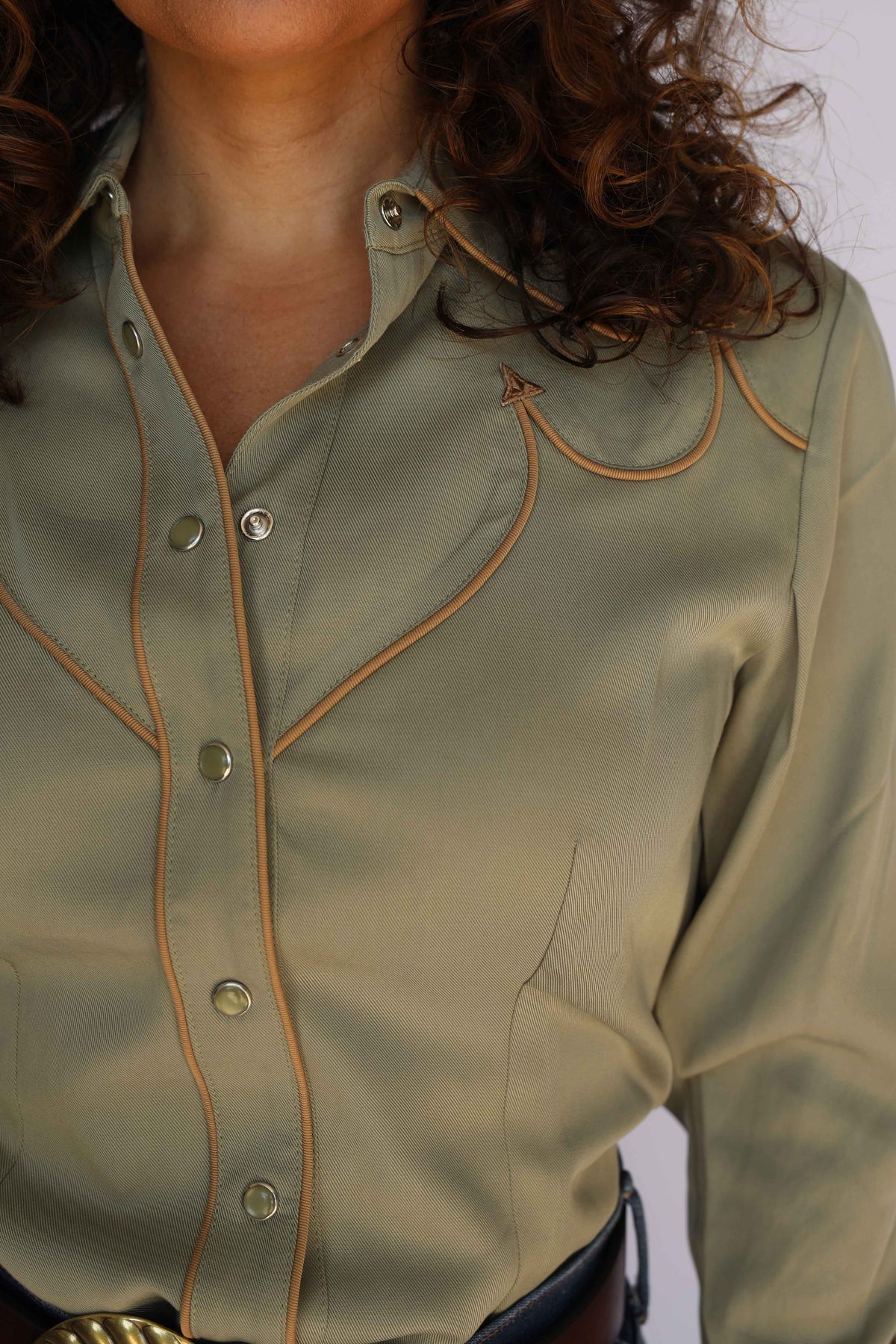 Close-up of the H Bar C Lake Tahoe olive green women's western shirt with soft drape and snap placket.