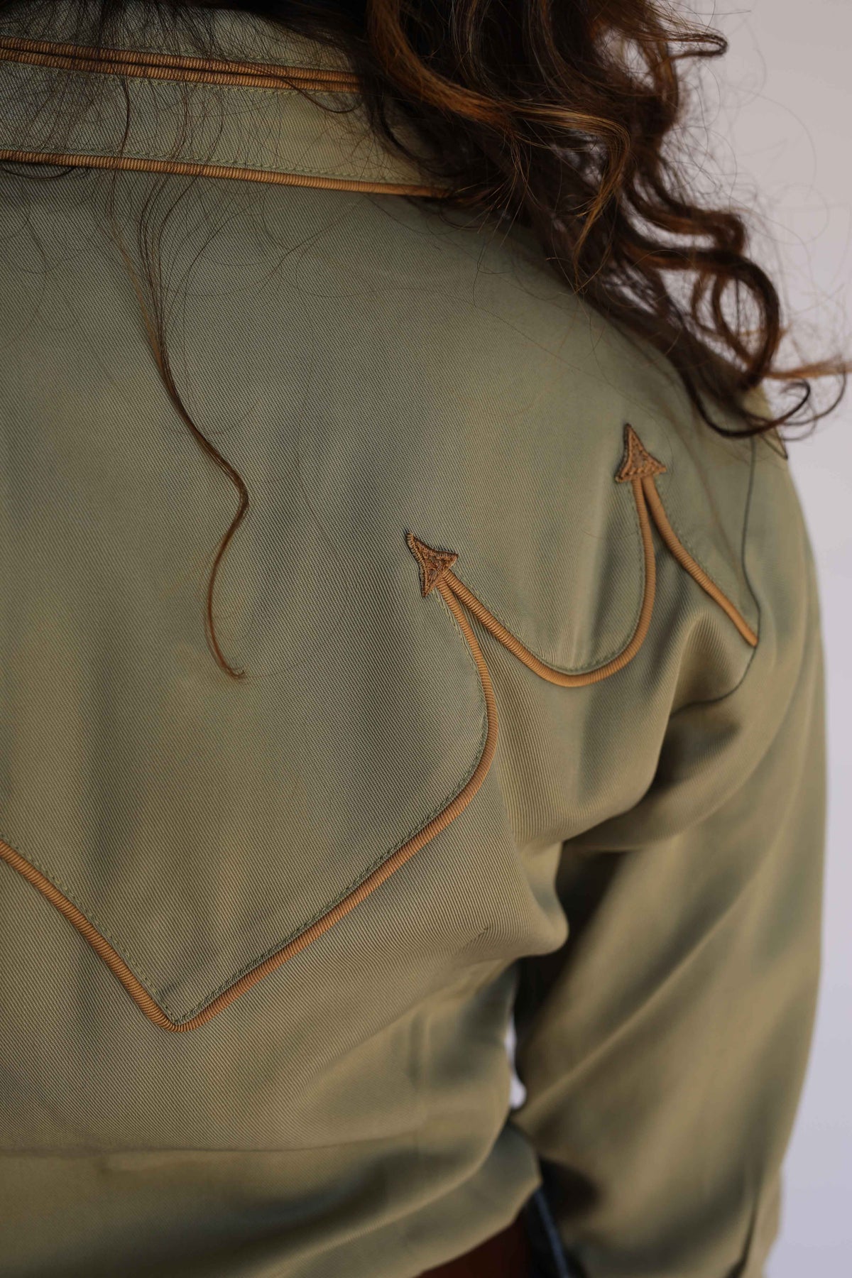 Shoulder and back yoke detail of the H Bar C Lake Tahoe olive green women's western shirt.