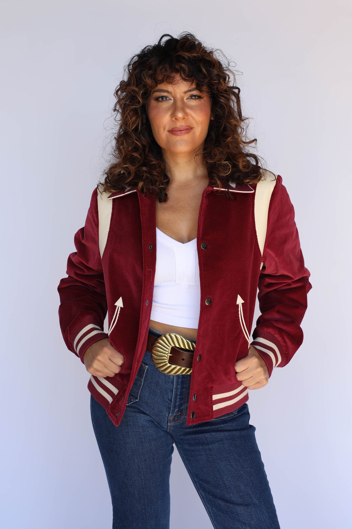 H Bar C Silver Lake maroon corduroy jacket on a female model, worn open over a white tank with jeans, unisex vintage western wear.