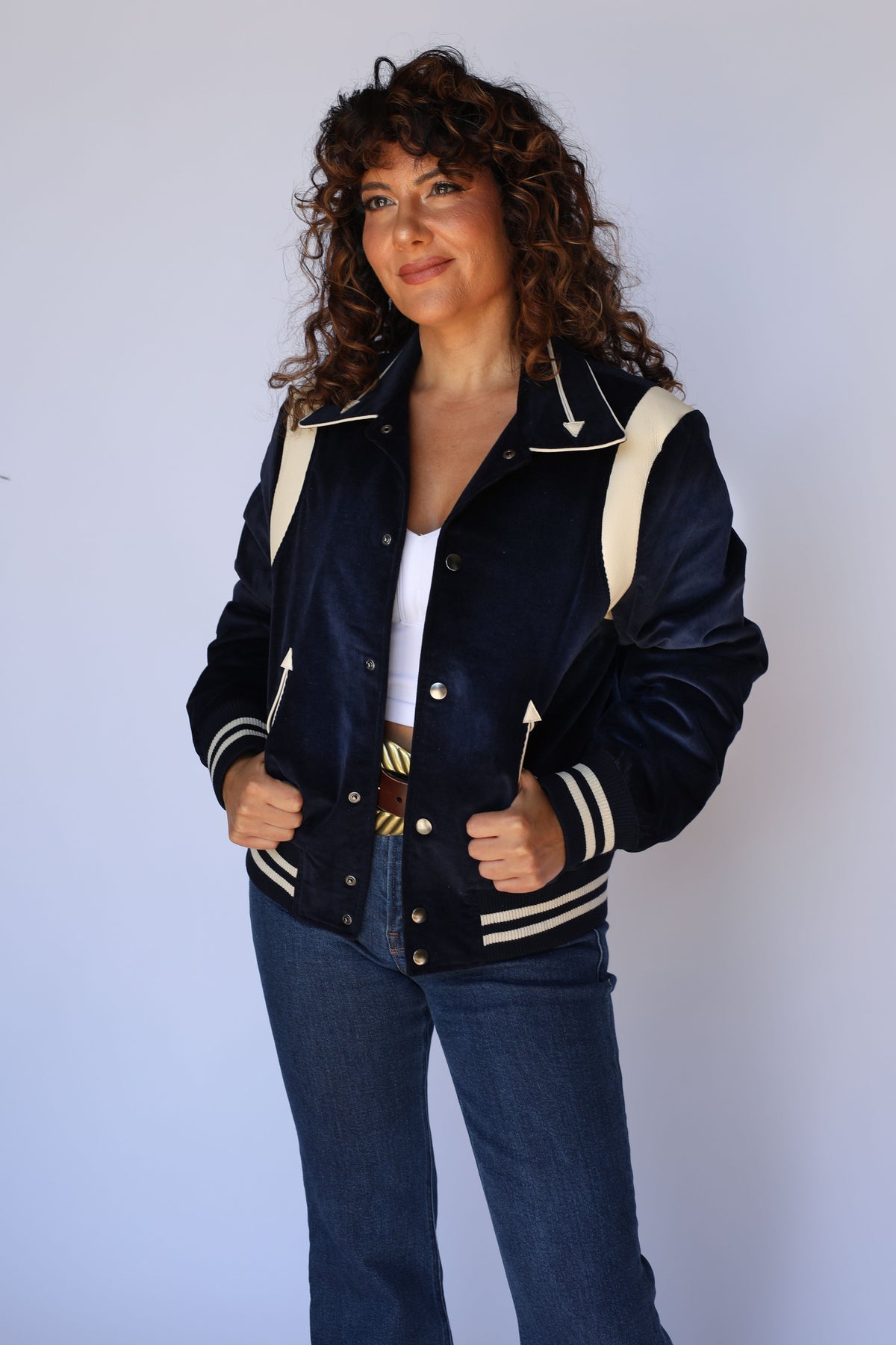 H Bar C Silver Lake navy corduroy western jacket on a female model with flared jeans, unisex vintage western wear.