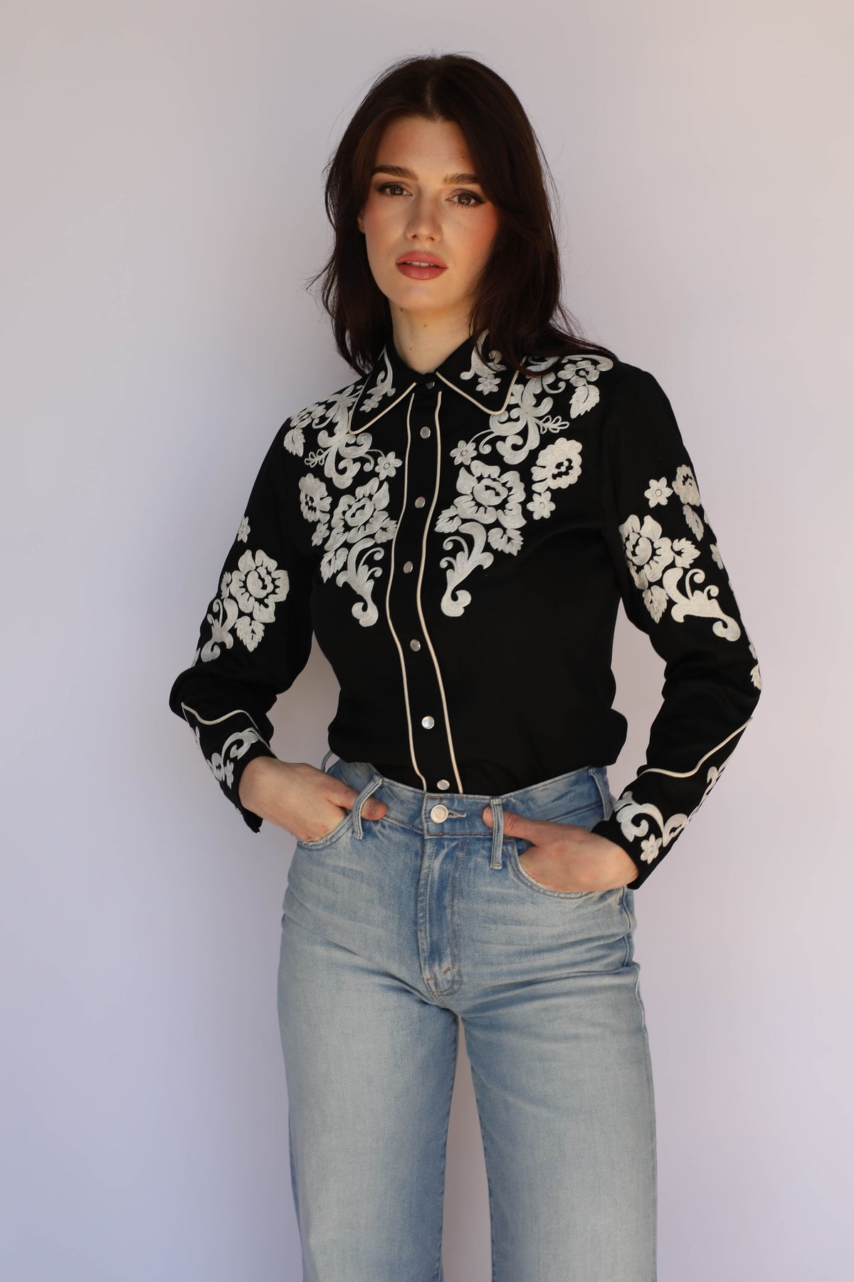 Front view of the H Bar C Fort Worth black western shirt with snap front and embroidered sleeves, vintage inspired western wear.