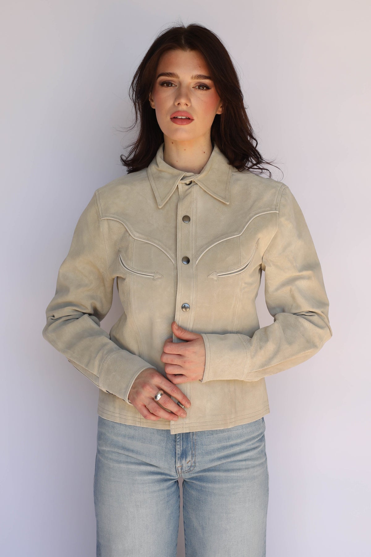 Full front view of the H Bar C Austin stone western jacket for women, vintage western wear.