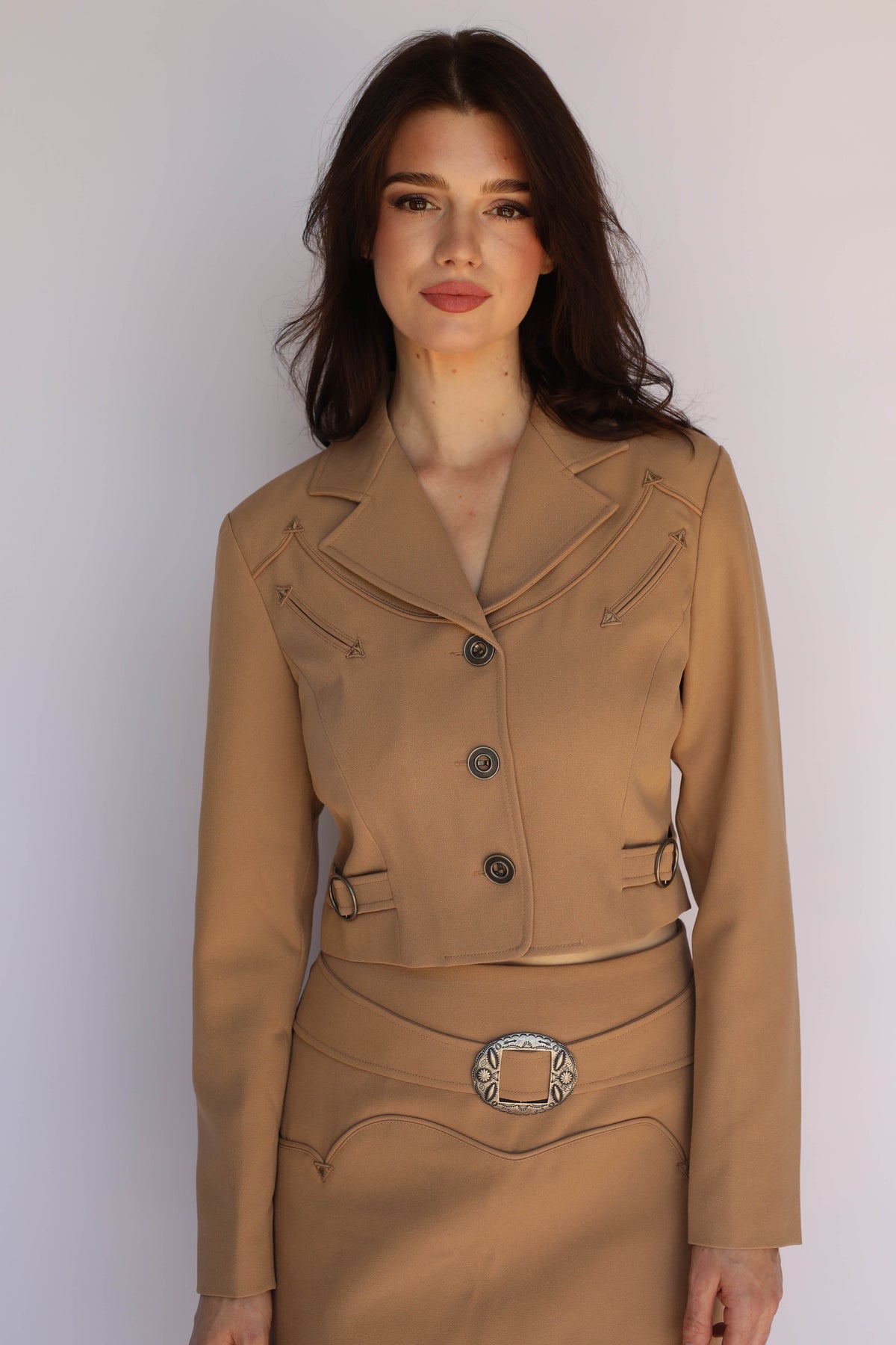 Front view of the H Bar C Raleigh tan cropped jacket, vintage western wear for women.