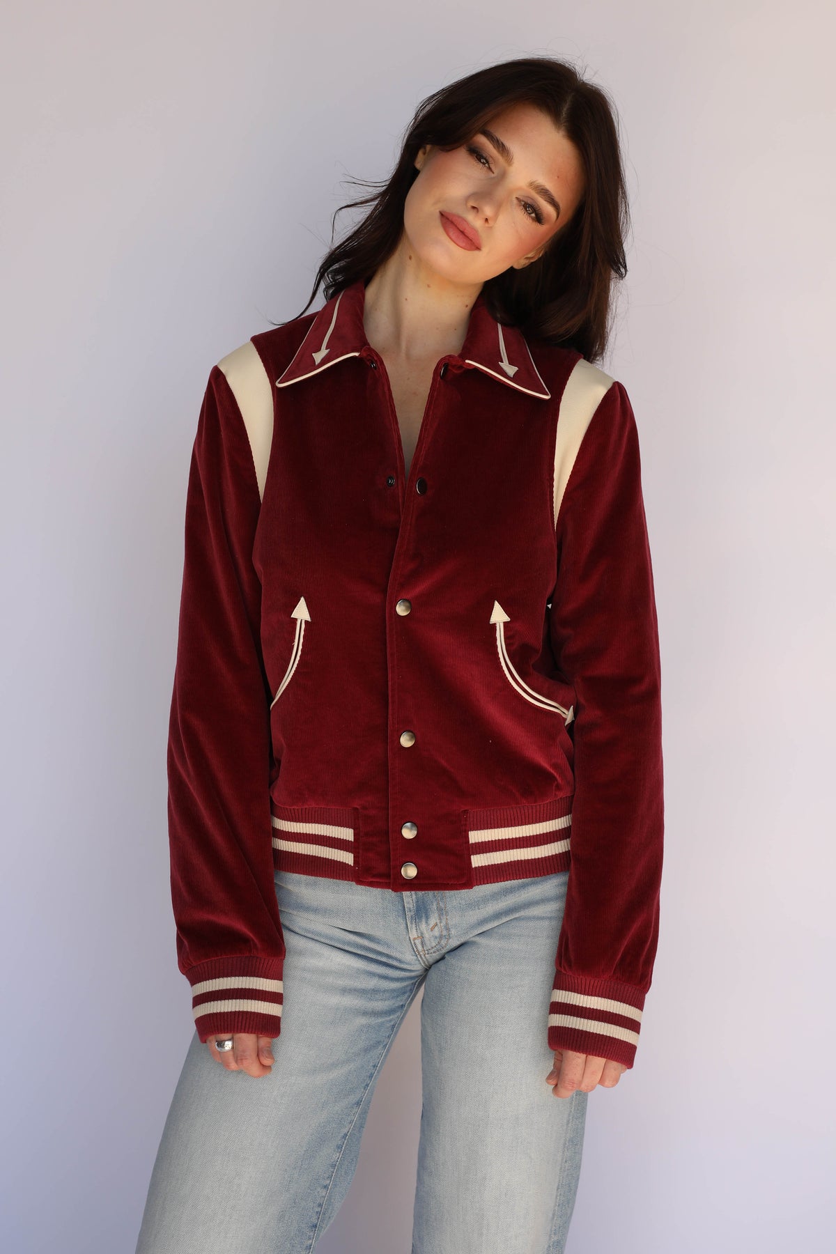 Woman wearing the Silver Lake Corduroy Unisex Jacket in maroon