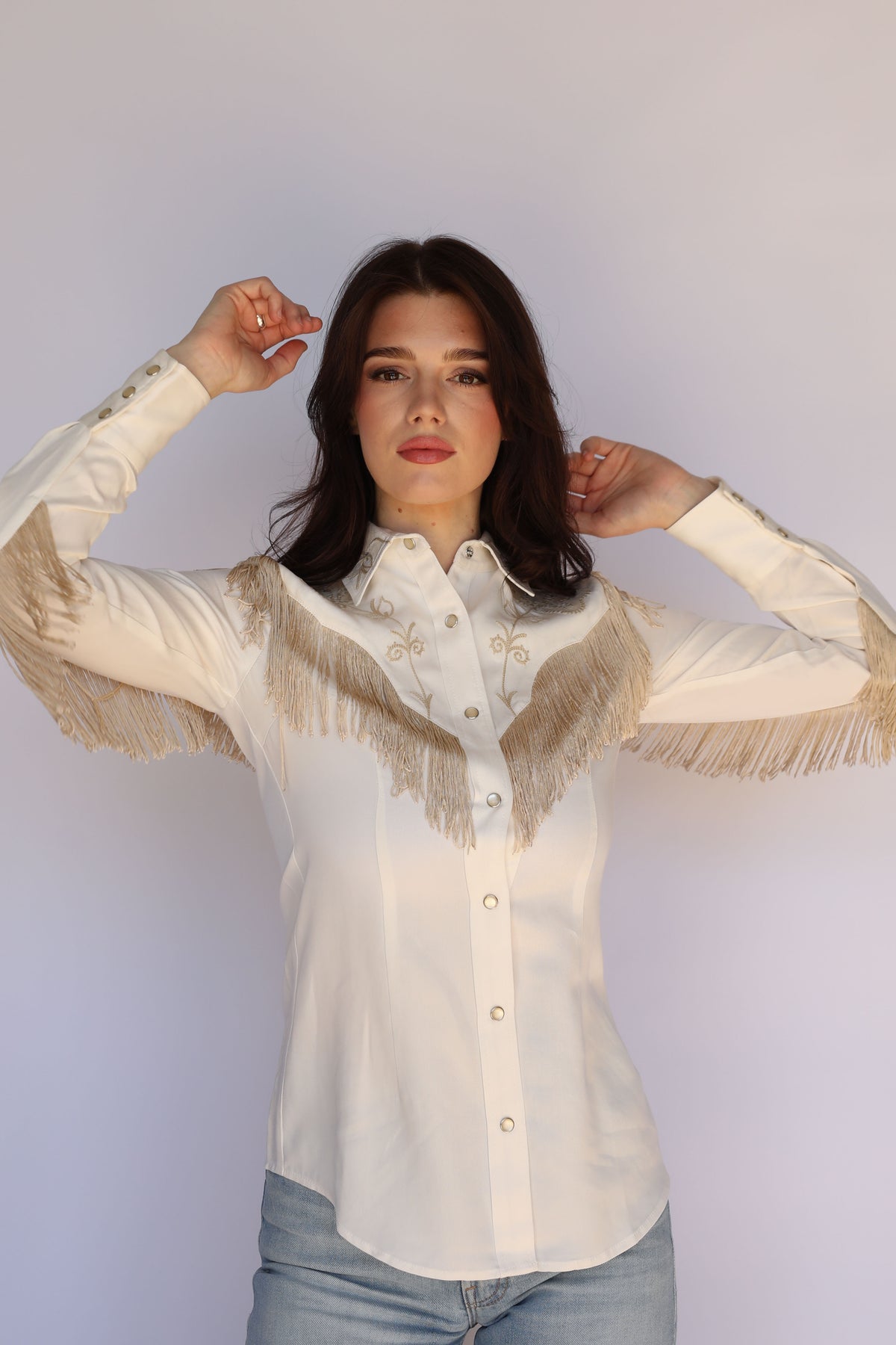 Front view of the H Bar C Taos white fringe shirt for women, vintage inspired western wear.