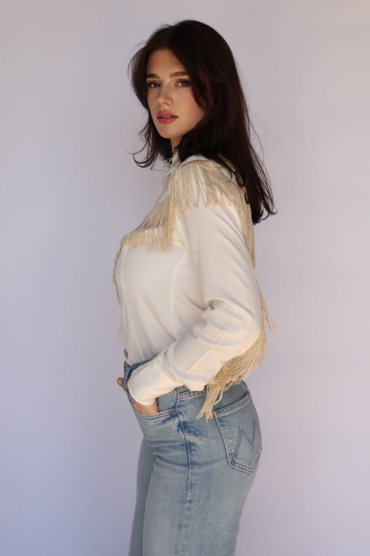 H Bar C Taos women's white fringe shirt in profile, vintage inspired western wear.