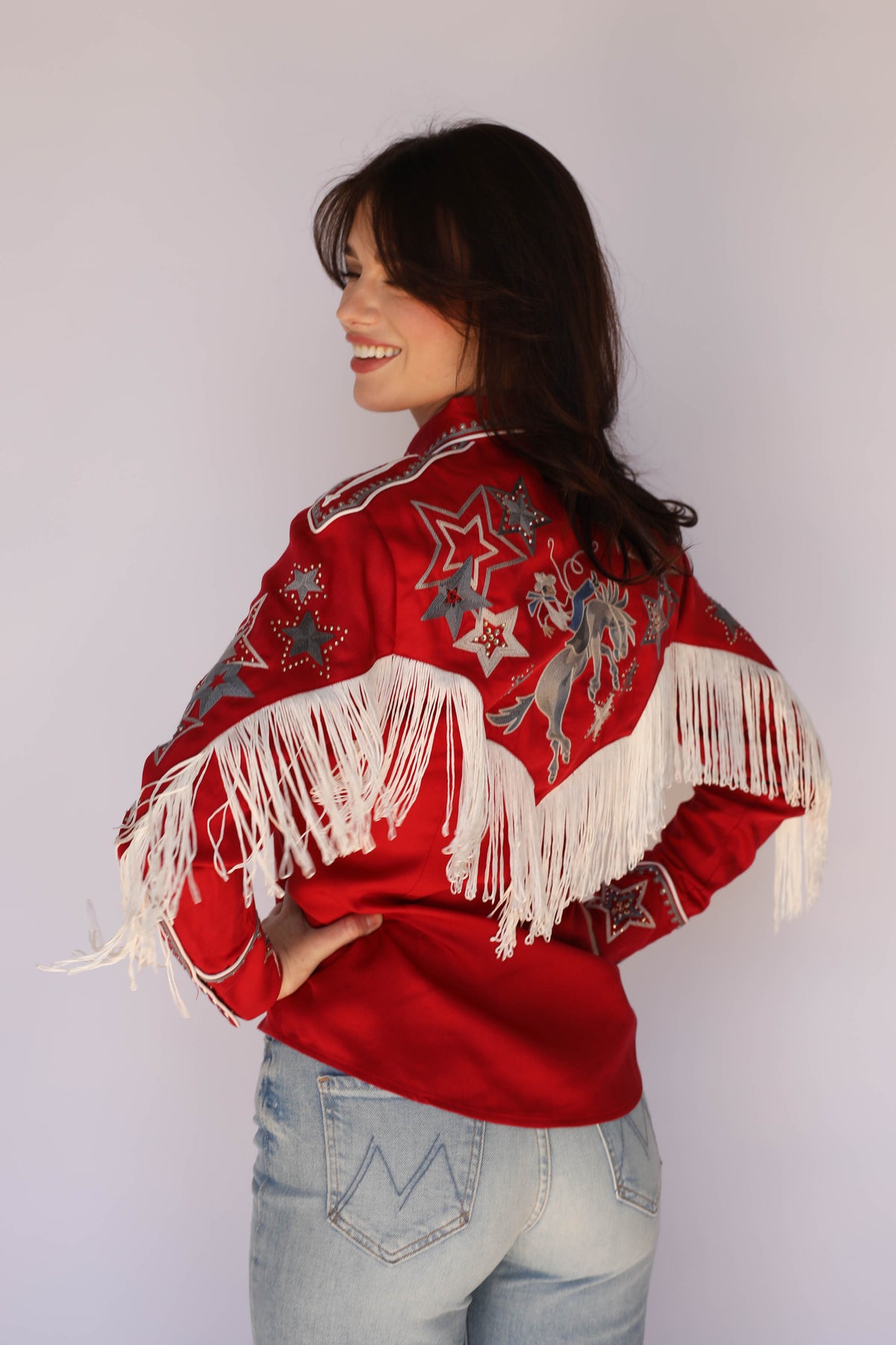 Front view of the H Bar C Las Vegas women's red rhinestone western shirt, vintage inspired western wear.