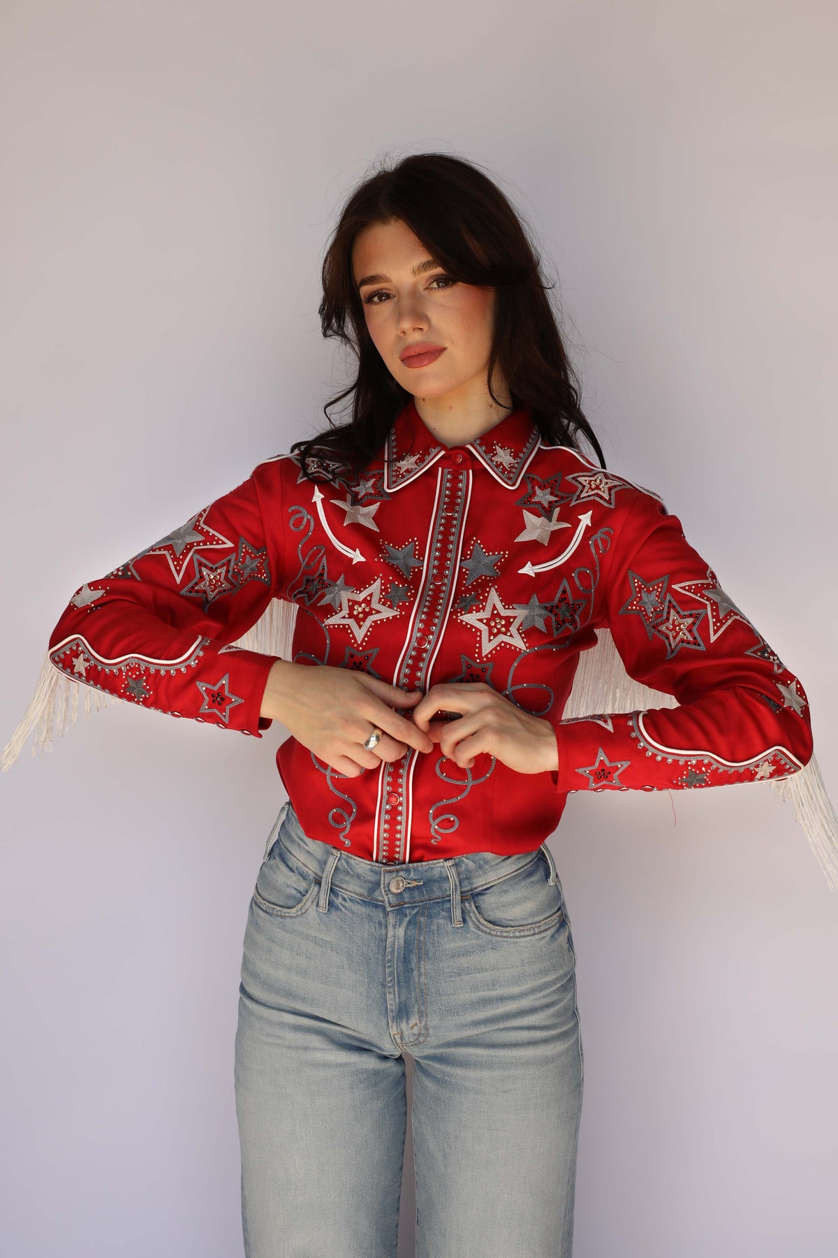 H Bar C Las Vegas women's red shirt with rhinestone stars and fringe, vintage inspired western wear.