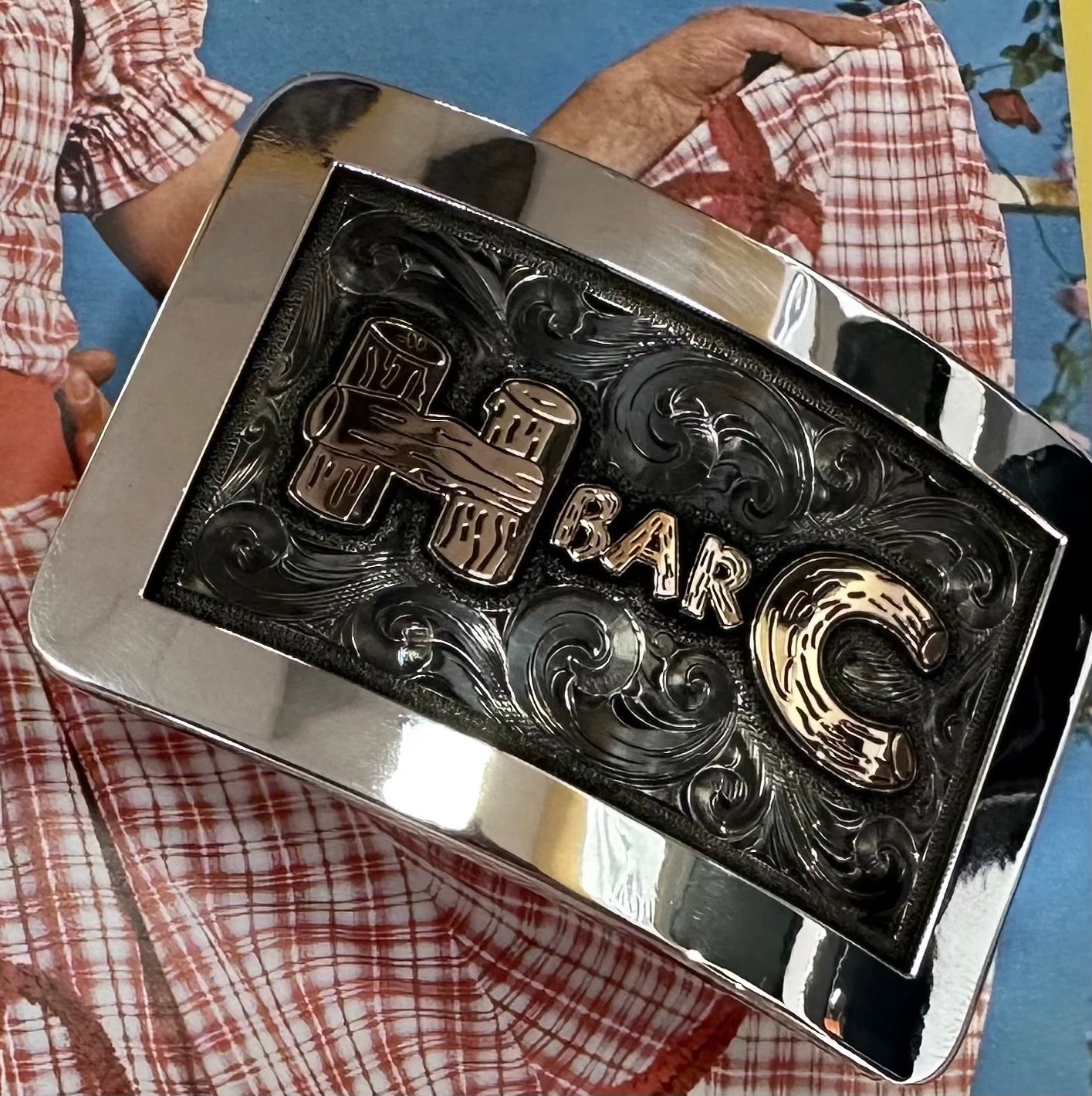 H BAR C hand engraved Limited Edition Sterling silver belt buckle