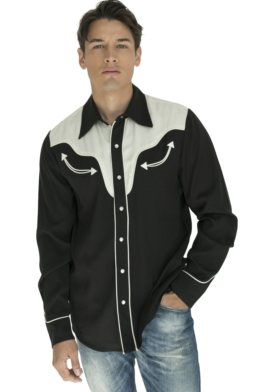 Two-tone smile pocket western shirt in black and grey Tencel